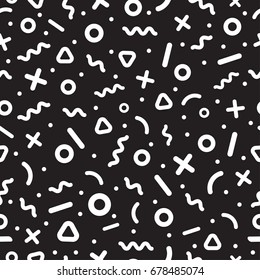 Scattered Geometric Line Shapes. Abstract Background Design. Vector Seamless Black and White Pattern.