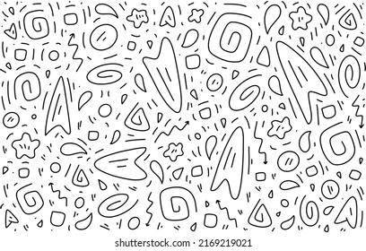 Scattered Geometric Line Shapes. Hand drawn Doodle elements. Abstract Background Design. Vector Black and White Pattern.