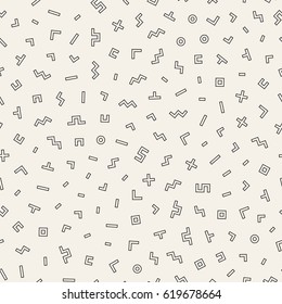 Scattered Geometric Shapes. Inspired by Memphis Style. Abstract Background Design. Vector Seamless Black and White Irregular Pattern.