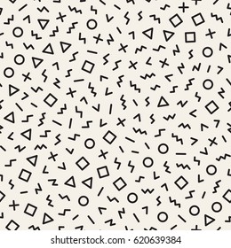 Scattered Geometric Shapes. Inspired by Memphis Style. Abstract Background Design. Vector Seamless Black and White Irregular Pattern.