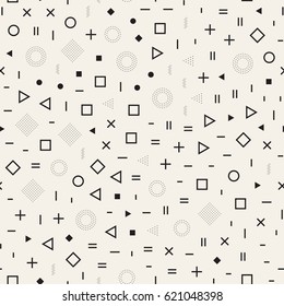 Scattered Geometric Shapes. Inspired by Memphis Style. Abstract Background Design. Vector Seamless Black and White Irregular Pattern.