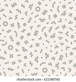 Scattered Geometric Shapes. Inspired by Memphis Style. Abstract Background Design. Vector Seamless Black and White Irregular Pattern.
