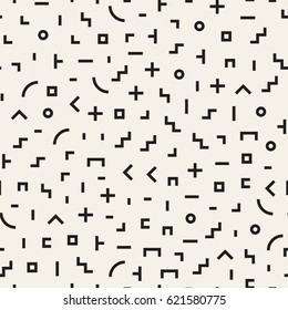 Scattered Geometric Shapes. Inspired by Memphis Style. Abstract Background Design. Vector Seamless Black and White Irregular Pattern.