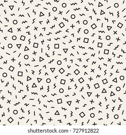 Scattered Geometric Shapes. Inspired by Memphis Style. Abstract Background Design. Vector Seamless Black and White Irregular Pattern.