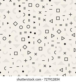 Scattered Geometric Shapes. Inspired by Memphis Style. Abstract Background Design. Vector Seamless Black and White Irregular Pattern.