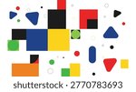 Scattered geometric shapes in primary colors on white background with geometric