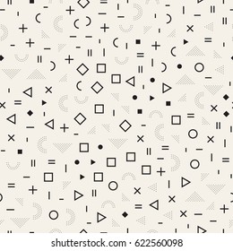 Scattered Geometric Simple Shapes. Inspired by Memphis Style. Abstract Background Design. Vector Seamless Black and White Irregular Pattern.