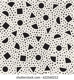 Scattered Geometric Simple Shapes. Inspired by Memphis Style. Abstract Background Design. Vector Seamless Black and White Irregular Pattern.