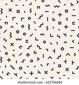 Scattered Geometric Simple Shapes. Inspired by Memphis Style. Abstract Background Design. Vector Seamless Black and White Irregular Pattern.
