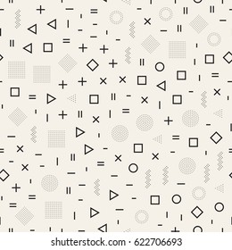 Scattered Geometric Simple Shapes. Inspired by Memphis Style. Abstract Background Design. Vector Seamless Black and White Irregular Pattern.