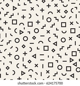 Scattered Geometric Simple Shapes. Inspired by Memphis Style. Abstract Background Design. Vector Seamless Black and White Irregular Pattern.
