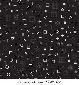 Scattered Geometric Simple Shapes. Inspired by Memphis Style. Abstract Background Design. Vector Seamless Black and White Irregular Pattern.