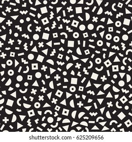 Scattered Geometric Simple Shapes. Inspired by Memphis Style. Abstract Background Design. Vector Seamless Black and White Irregular Pattern.