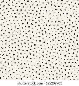 Scattered Geometric Simple Shapes. Inspired by Memphis Style. Abstract Background Design. Vector Seamless Black and White Irregular Pattern.