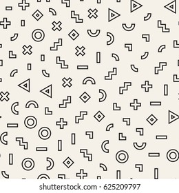 Scattered Geometric Simple Shapes. Inspired by Memphis Style. Abstract Background Design. Vector Seamless Black and White Irregular Pattern.