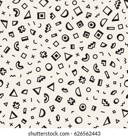Scattered Geometric Simple Shapes. Inspired by Memphis Style. Abstract Background Design. Vector Seamless Black and White Irregular Pattern.