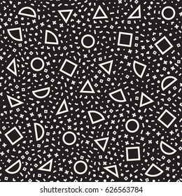 Scattered Geometric Simple Shapes. Inspired by Memphis Style. Abstract Background Design. Vector Seamless Black and White Irregular Pattern.