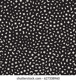 Scattered Geometric Simple Shapes. Inspired by Memphis Style. Abstract Background Design. Vector Seamless Black and White Irregular Pattern.