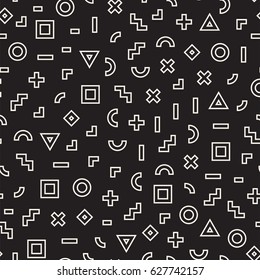 Scattered Geometric Simple Shapes. Inspired by Memphis Style. Abstract Background Design. Vector Seamless Black and White Irregular Pattern.