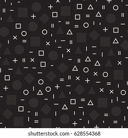 Scattered Geometric Simple Shapes. Inspired by Memphis Style. Abstract Background Design. Vector Seamless Black and White Irregular Pattern.