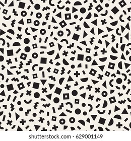 Scattered Geometric Simple Shapes. Inspired by Memphis Style. Abstract Background Design. Vector Seamless Black and White Irregular Pattern.