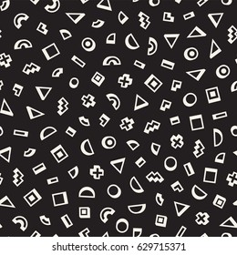Scattered Geometric Simple Shapes. Inspired by Memphis Style. Abstract Background Design. Vector Seamless Black and White Irregular Pattern.