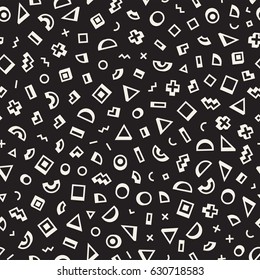 Scattered Geometric Simple Shapes. Inspired by Memphis Style. Abstract Background Design. Vector Seamless Black and White Irregular Pattern.