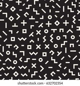 Scattered Geometric Simple Shapes. Inspired by Memphis Style. Abstract Background Design. Vector Seamless Black and White Irregular Pattern.