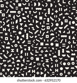 Scattered Geometric Simple Shapes. Inspired by Memphis Style. Abstract Background Design. Vector Seamless Black and White Irregular Pattern.