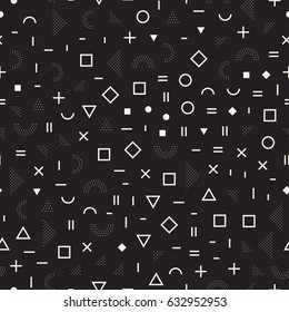 Scattered Geometric Simple Shapes. Inspired by Memphis Style. Abstract Background Design. Vector Seamless Black and White Irregular Pattern.