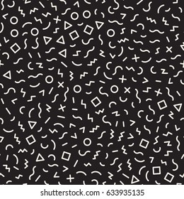 Scattered Geometric Simple Shapes. Inspired by Memphis Style. Abstract Background Design. Vector Seamless Black and White Irregular Pattern.