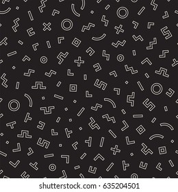 Scattered Geometric Simple Shapes. Inspired by Memphis Style. Abstract Background Design. Vector Seamless Black and White Irregular Pattern.