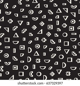 Scattered Geometric Simple Shapes. Inspired by Memphis Style. Abstract Background Design. Vector Seamless Black and White Irregular Pattern.