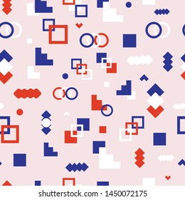 Scattered Geometric Simple Shapes. Seamless background image. Abstract Background Design. Vector Seamless RED,WHITE AND BLUE Pattern with Circles, Squares, Triangles.