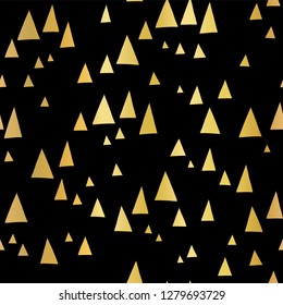 Scattered gold foil triangles on black seamless vector pattern. Abstract geometric background. Abstract mountain landscape in elegant shiny metallic foil. For cover, cards, poster, page fill, decor.