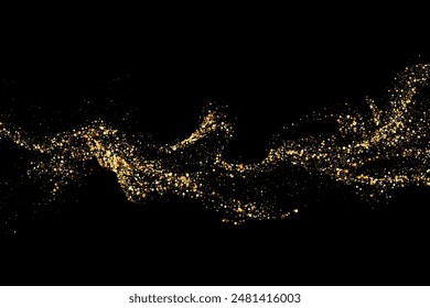 Scattered gold particles on a black background. Festive background or design element.