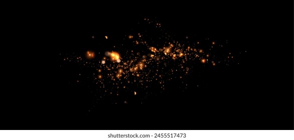 Scattered gold particles on a dark background. Festive background or design element. Vector