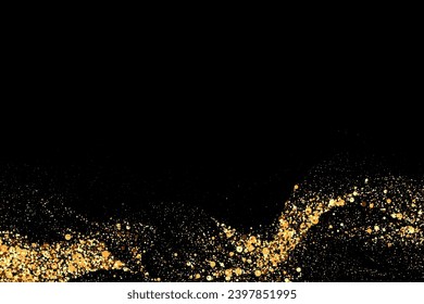 Scattered gold particles, wavy flow on a dark background. Festive background or design element.