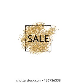 Scattered gold sequins on the sign sale in the black square, handmade.