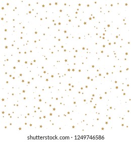 Scattered gold star shapes in random size isolated on white background. Golden falling confetti vector.