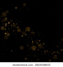 Scattered golden bokeh lights softly glowing on a black background with random small and large circles on transparent background