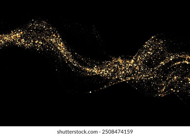 Scattered golden particles on dark background. Holiday background or design element. New Year and Christmas