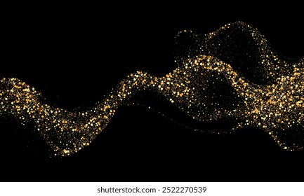 Scattered golden particles on dark background. Holiday background or design element. New Year and Christmas
