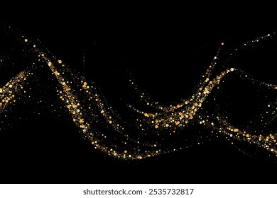 Scattered golden particles on a dark background. Festive background or design element.