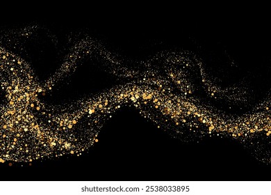 Scattered golden particles on a dark background. Festive background or design element.