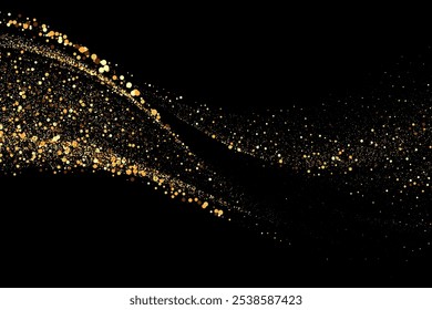 Scattered golden particles on a dark background. Festive background or design element.