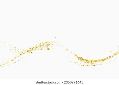 Scattered golden particles on a white background. Festive background or design element. Gold glitters wave