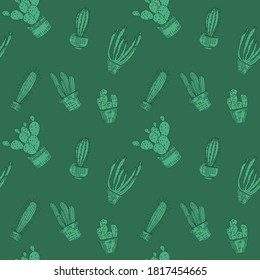 scattered green cacti. doodle drawing vector seamless pattern