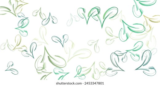 scattered green fresh leaves isolated on white background. eco concept. top view. flat lay. Adorable summer overlay template. Good-looking spring sale vector illustration.