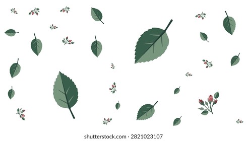 scattered green leaves with pointed edges and small clusters of pink flower buds on a white background seamless design